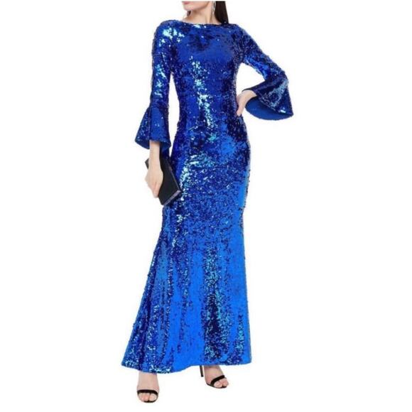 Alice + Olivia Jae Ultramarine Blue Sequin Bell Sleeve Gown Size 6 NWT - Picture 1 of 16
